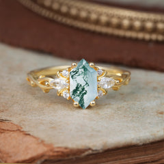 Nature-Inspired Classic 4-Prong Hexagonal-Cut Moss Agate Engagement Ring