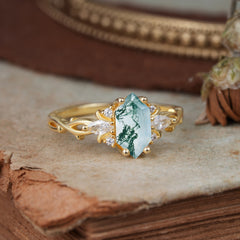 Nature-Inspired Classic 4-Prong Hexagonal-Cut Moss Agate Engagement Ring
