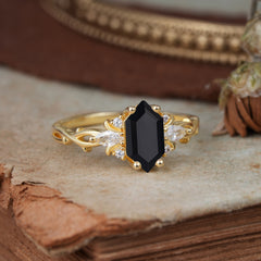 Nature-Inspired Classic 4-Prong Hexagonal-Cut Black Onyx Engagement Ring