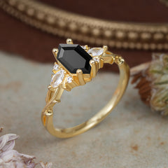 Nature-Inspired Classic 4-Prong Hexagonal-Cut Black Onyx Engagement Ring