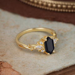 Nature-Inspired Classic 4-Prong Hexagonal-Cut Black Onyx Engagement Ring