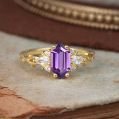 Nature-Inspired Classic 4-Prong Hexagonal-Cut Amethyst Engagement Ring