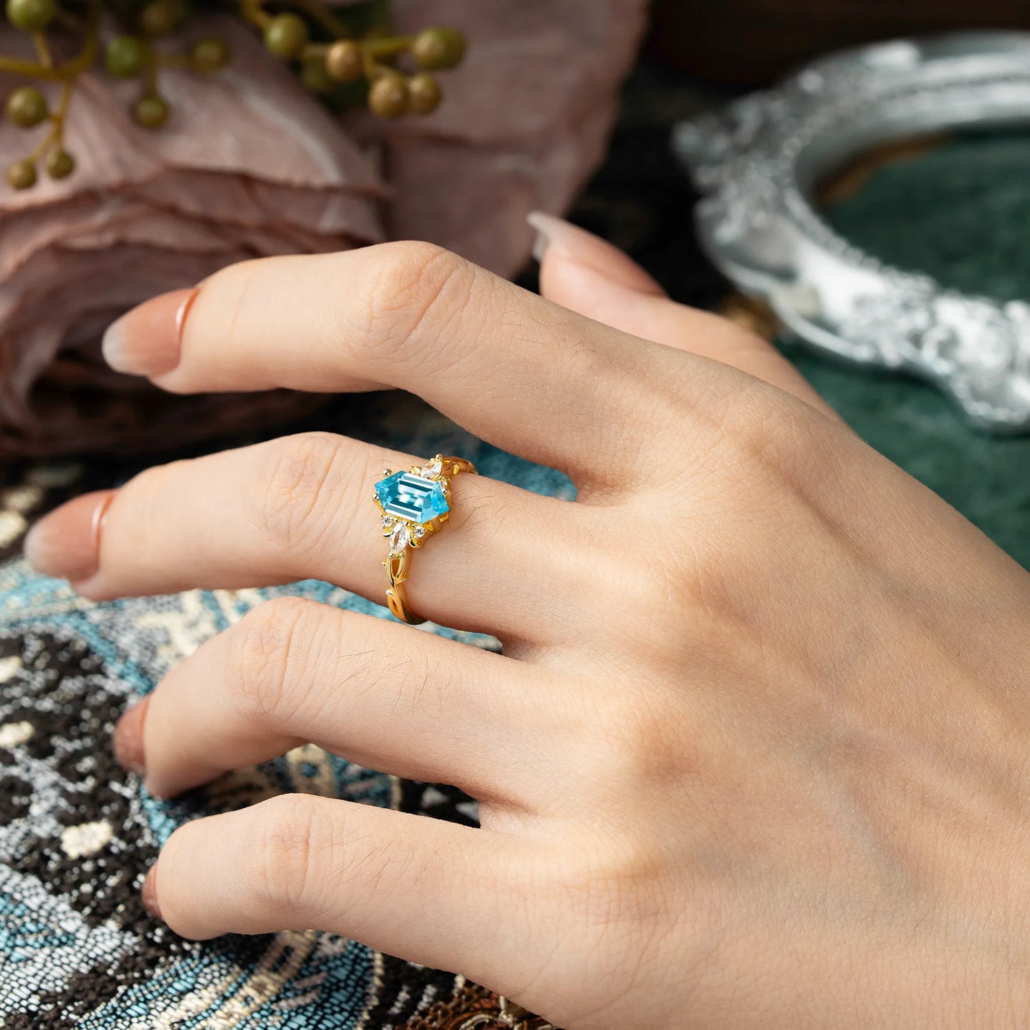 Nature-Inspired Classic 4-Prong Hexagonal-Cut Aquamarine Engagement Ring