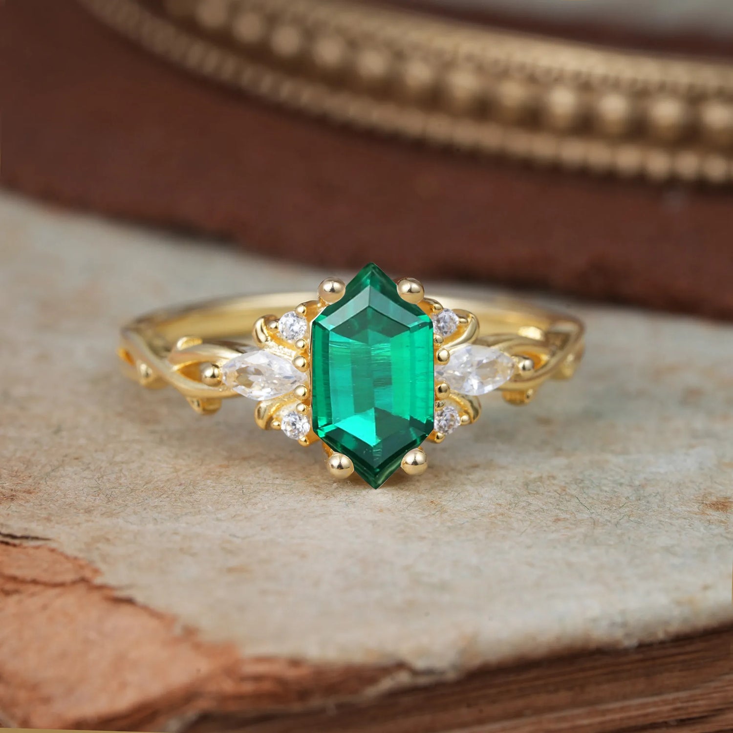 Nature-Inspired Classic 4-Prong Hexagonal-Cut Emerald Engagement Ring