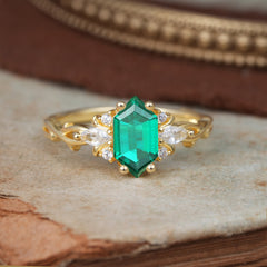 Nature-Inspired Classic 4-Prong Hexagonal-Cut Emerald Engagement Ring