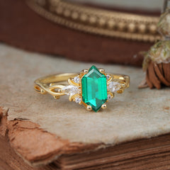 Nature-Inspired Classic 4-Prong Hexagonal-Cut Emerald Engagement Ring