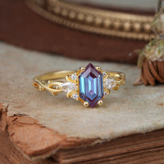 Nature-Inspired Classic 4-Prong Hexagonal-Cut Alexandrite Engagement Ring
