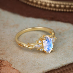 Nature-Inspired Classic 4-Prong Hexagonal-Cut Moonstone Engagement Ring