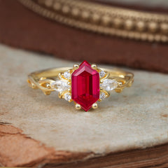 Nature-Inspired Classic 4-Prong Hexagonal-Cut Ruby Engagement Ring
