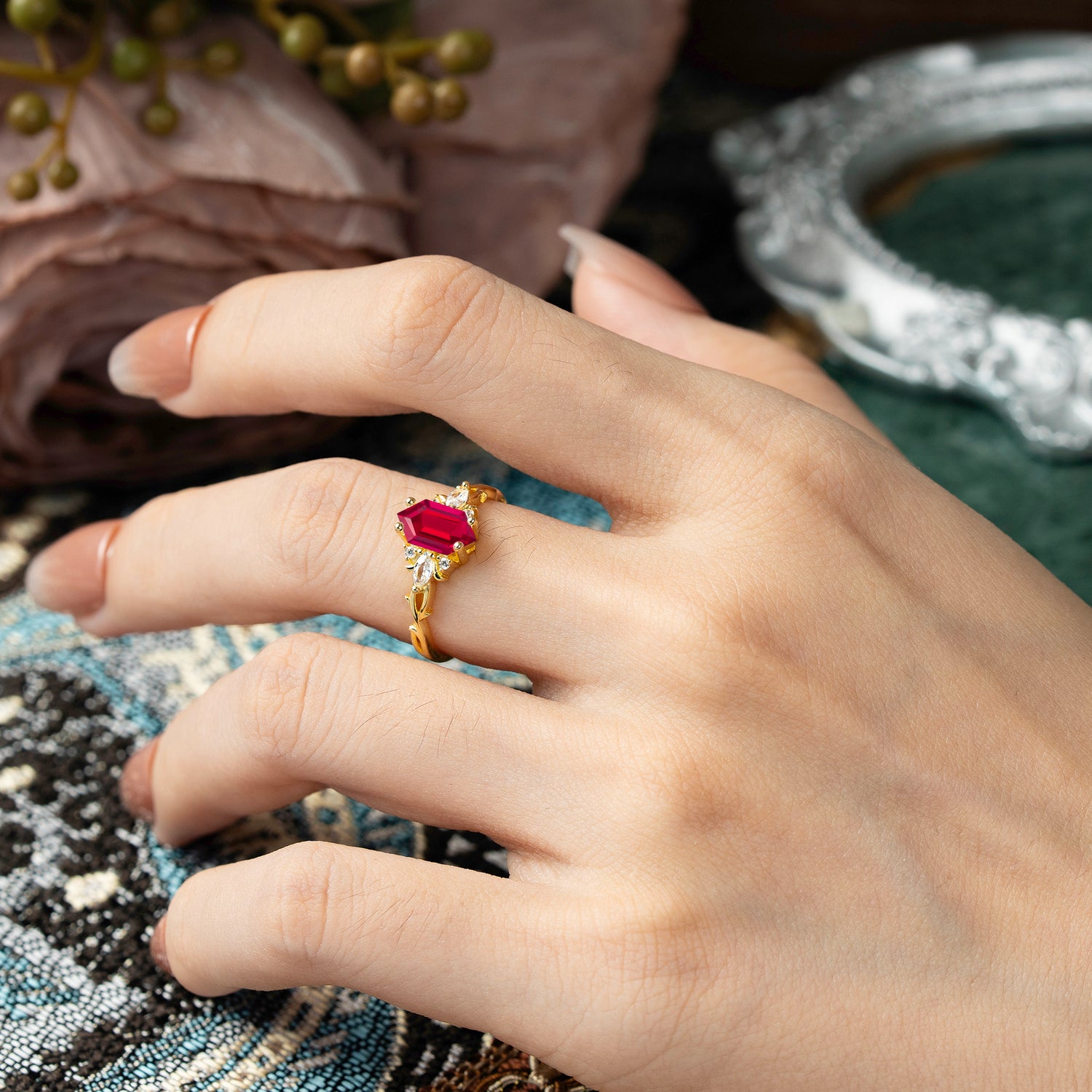 Nature-Inspired Classic 4-Prong Hexagonal-Cut Ruby Engagement Ring