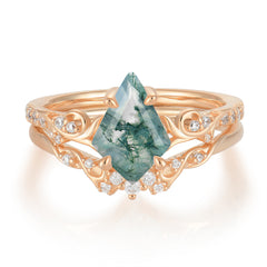 Luxurious Nature-Inspired 4-Prong Kite-Cut Natural Moss Agate Engagement Ring Set