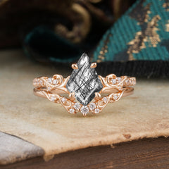 Luxurious Nature-Inspired 4-Prong Kite-Cut Natural Black Rutilated Quartz Engagement Ring Set