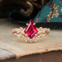 Luxurious Nature-Inspired 4-Prong Kite-Cut Natural Ruby Engagement Ring Set