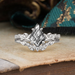 Luxurious Nature-Inspired 4-Prong Kite-Cut Natural Black Rutilated Quartz Engagement Ring Set