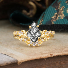 Luxurious Nature-Inspired 4-Prong Kite-Cut Natural Black Rutilated Quartz Engagement Ring Set