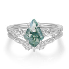 Luxurious Nature-Inspired 4-Prong Kite-Cut Natural Moss Agate Engagement Ring Set