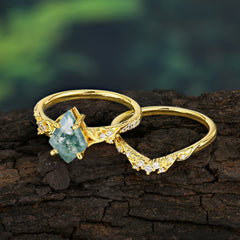 Luxurious Nature-Inspired 4-Prong Kite-Cut Natural Moss Agate Engagement Ring Set