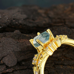Luxurious Nature-Inspired 4-Prong Kite-Cut Natural Moss Agate Engagement Ring Set