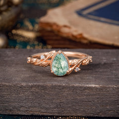 Nature-Inspired 3-Prong Pear-Cut Natural Moss Agate Engagement Ring