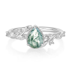 Nature-Inspired 3-Prong Pear-Cut Natural Moss Agate Engagement Ring