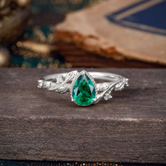 Nature-Inspired 3-Prong Pear-Cut Emerald Engagement Ring