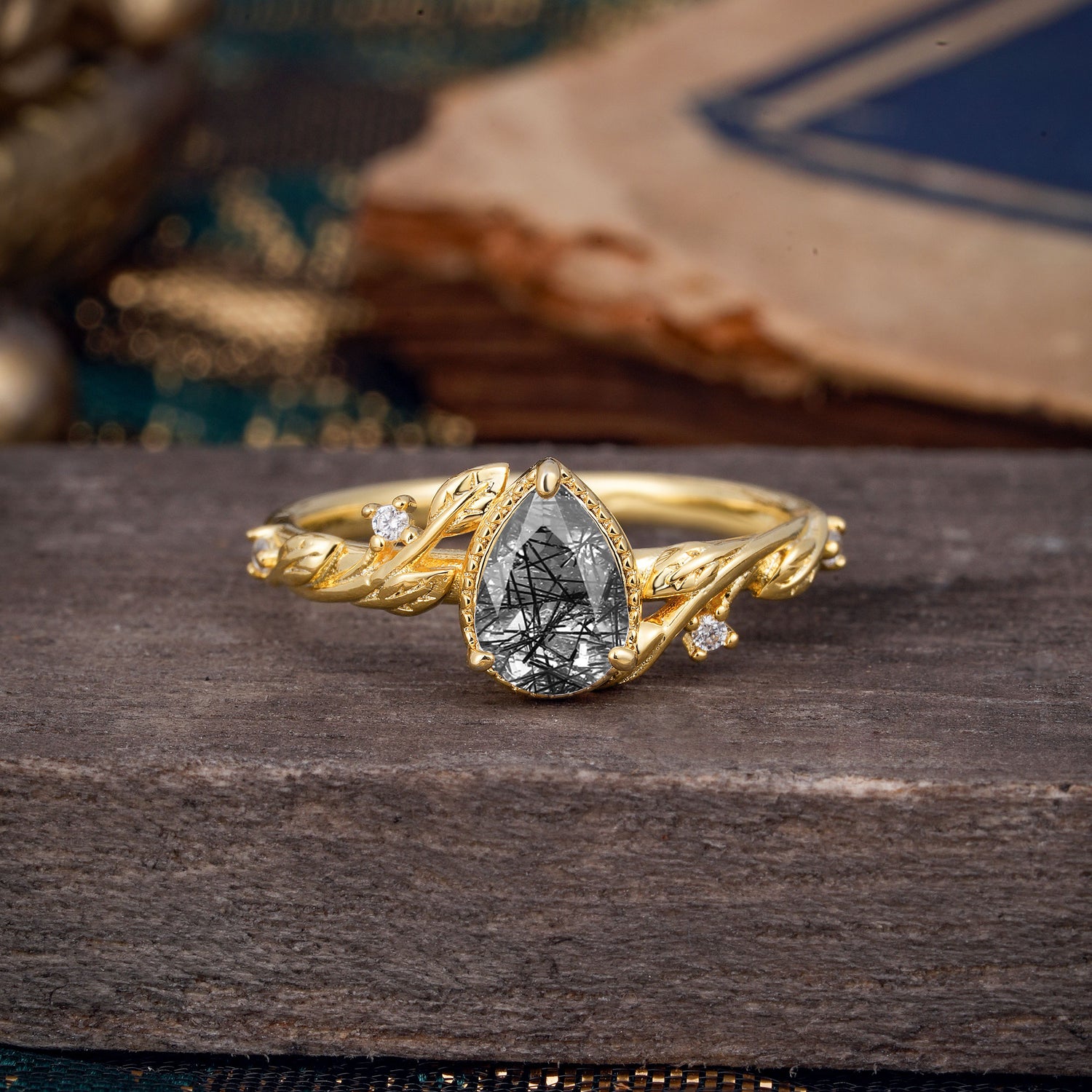 Nature-Inspired 3-Prong Pear-Cut Natural Black Rutilated Quartz Engagement Ring