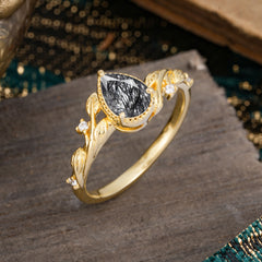 Nature-Inspired 3-Prong Pear-Cut Natural Black Rutilated Quartz Engagement Ring