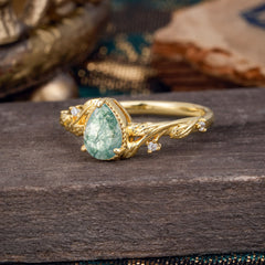 Nature-Inspired 3-Prong Pear-Cut Natural Moss Agate Engagement Ring