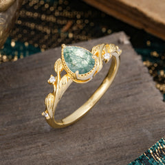 Nature-Inspired 3-Prong Pear-Cut Natural Moss Agate Engagement Ring