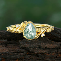 Nature-Inspired 3-Prong Pear-Cut Natural Moss Agate Engagement Ring