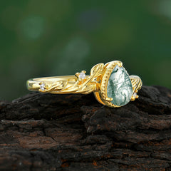 Nature-Inspired 3-Prong Pear-Cut Natural Moss Agate Engagement Ring