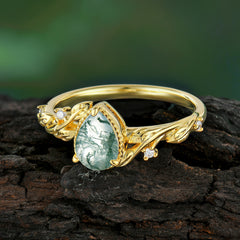 Nature-Inspired 3-Prong Pear-Cut Natural Moss Agate Engagement Ring