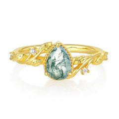 Nature-Inspired 3-Prong Pear-Cut Natural Moss Agate Engagement Ring