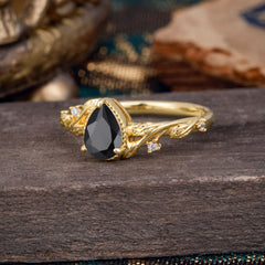 Nature-Inspired 3-Prong Pear-Cut Natural Black Onyx Engagement Ring