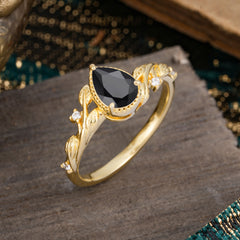 Nature-Inspired 3-Prong Pear-Cut Natural Black Onyx Engagement Ring