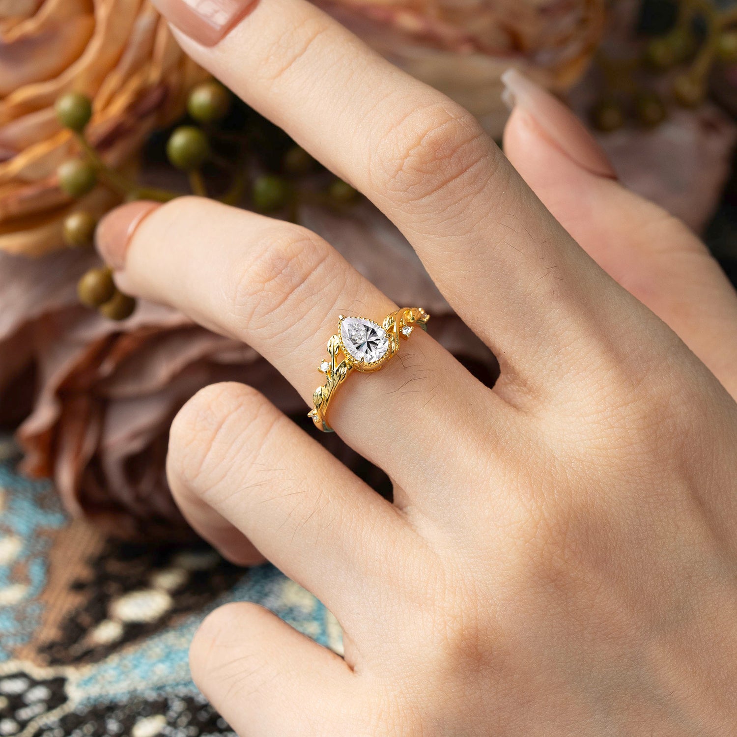 Nature-Inspired 3-Prong Pear-Cut Lab Diamond Engagement Ring