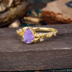 Nature-Inspired 3-Prong Pear-Cut Natural Amethyst Engagement Ring