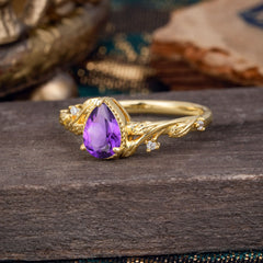 Nature-Inspired 3-Prong Pear-Cut Natural Amethyst Engagement Ring