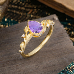 Nature-Inspired 3-Prong Pear-Cut Natural Amethyst Engagement Ring