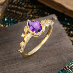 Nature-Inspired 3-Prong Pear-Cut Natural Amethyst Engagement Ring