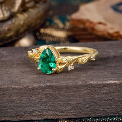 Nature-Inspired 3-Prong Pear-Cut Emerald Engagement Ring