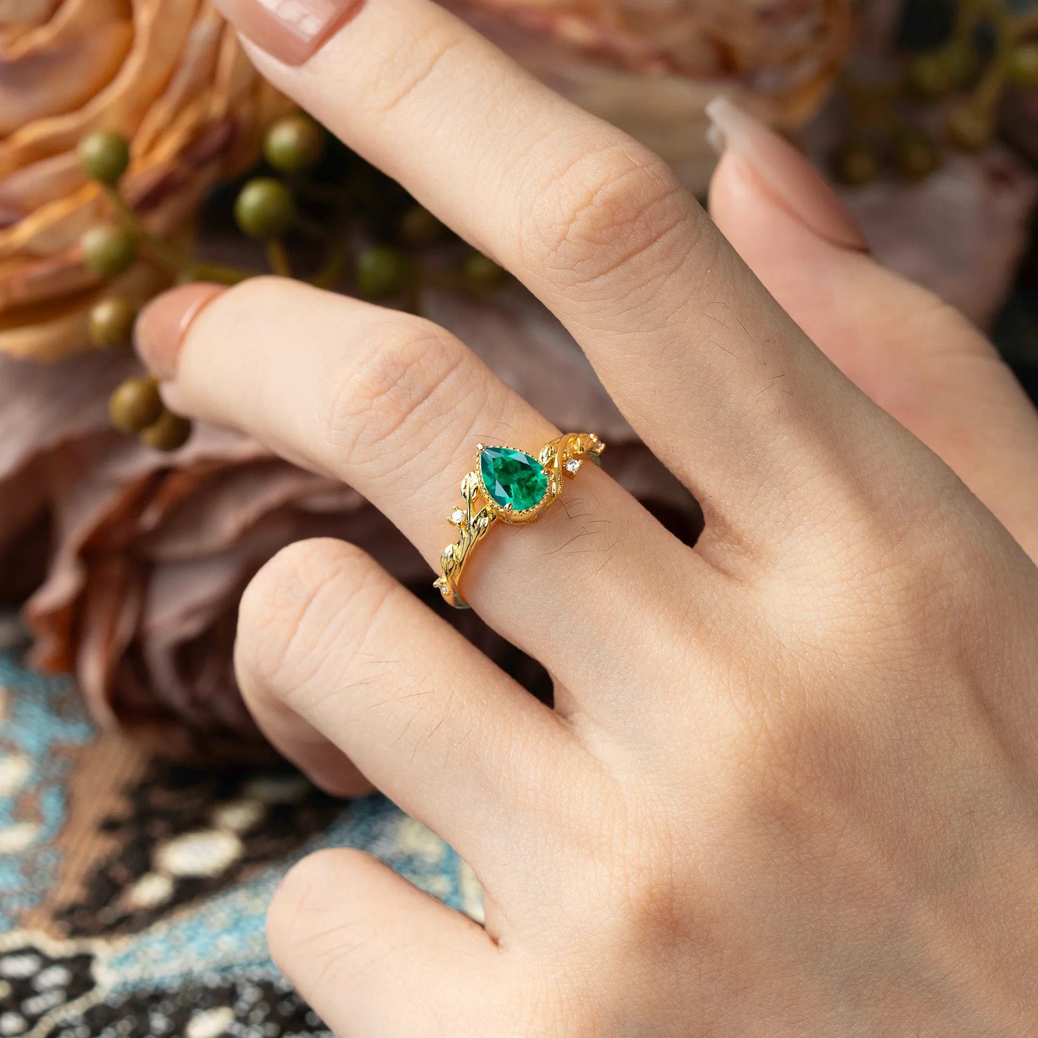Nature-Inspired 3-Prong Pear-Cut Emerald Engagement Ring
