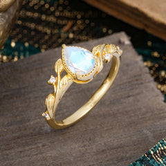 Nature-Inspired 3-Prong Pear-Cut Natural Moonstone Engagement Ring