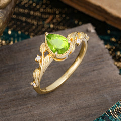 Nature-Inspired 3-Prong Pear-Cut Natural Peridot Engagement Ring