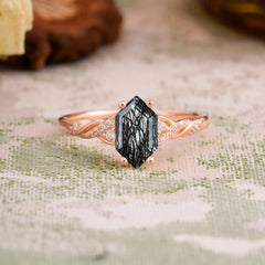 Classic 4-Prong Hexagonal-Cut Black Rutilated Quartz Engagement Ring