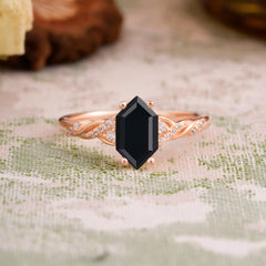 Classic 4-Prong Hexagonal-Cut Black Onyx Engagement Ring