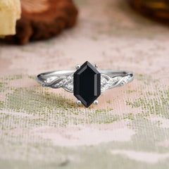 Classic 4-Prong Hexagonal-Cut Black Onyx Engagement Ring