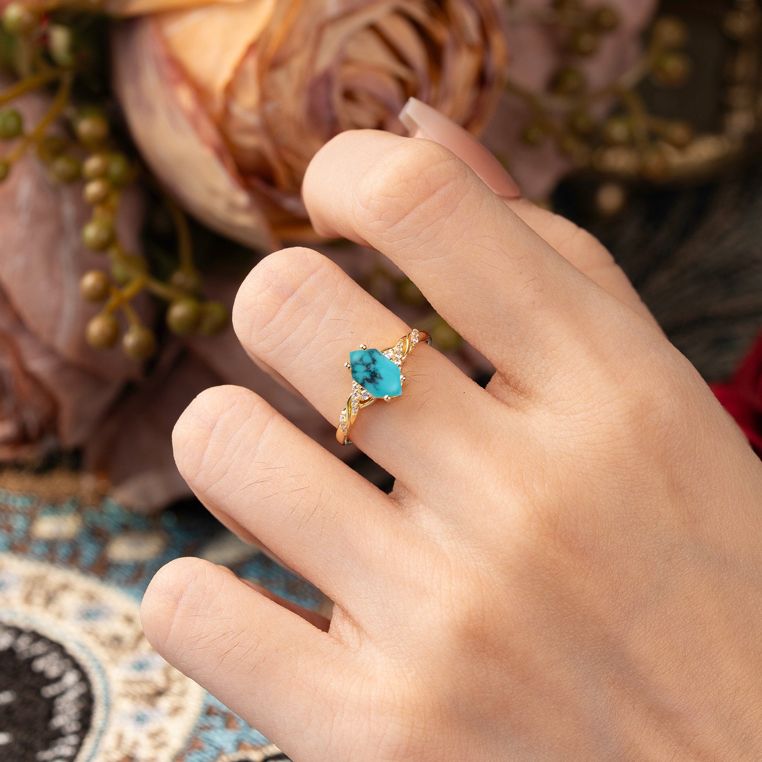 Classic 4-Prong Hexagonal-Cut Turquoise Engagement Ring