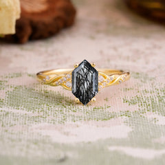 Classic 4-Prong Hexagonal-Cut Black Rutilated Quartz Engagement Ring