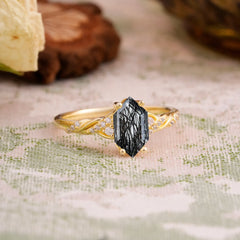 Classic 4-Prong Hexagonal-Cut Black Rutilated Quartz Engagement Ring